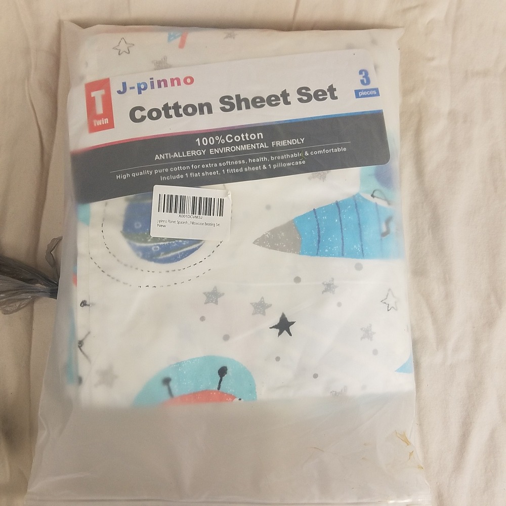 J-pinno Twin Cotton Sheet Set 3 Piece Space Rocket Planet Stars White Blue NEW